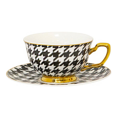 Teacup & Saucer Ebony Houndstooth