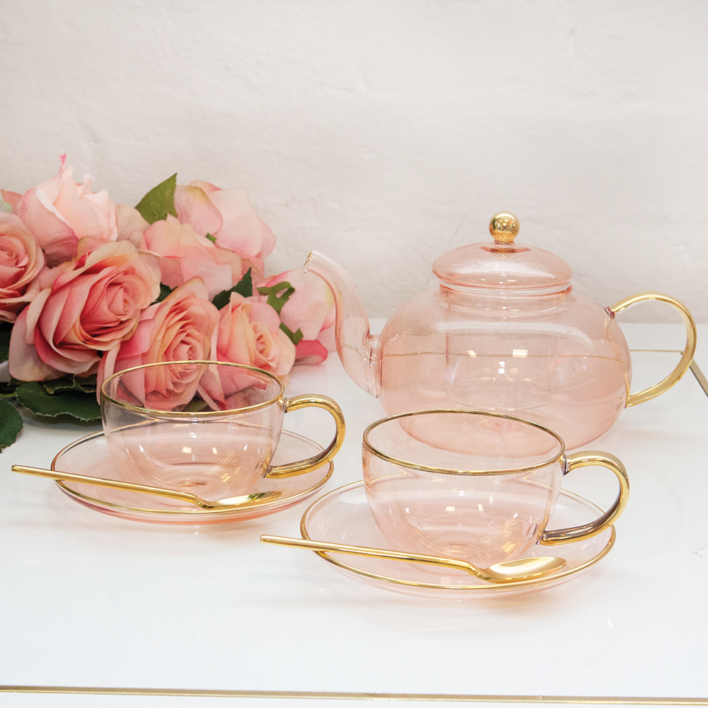 Rose Glass Teacup and Saucer Set of 2